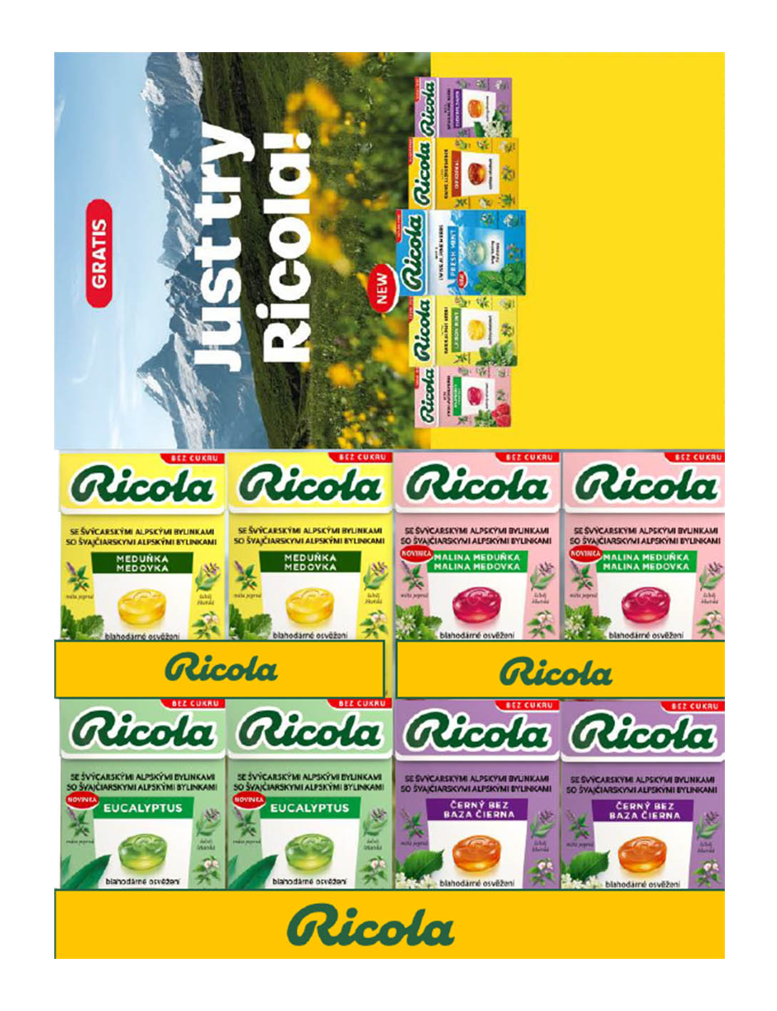 Ricola bez cukru Stojánek 80*40g 3200g + 300 ks zdarma cena za kartonové balení