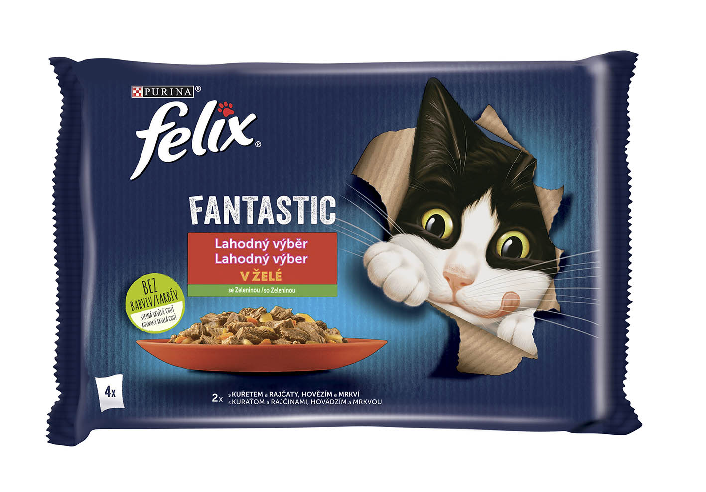 Felix Fantastic s kuřetem a rajčaty/s hovězím a mrkví 4*85g - objednat v minimálním množství: 12 ks