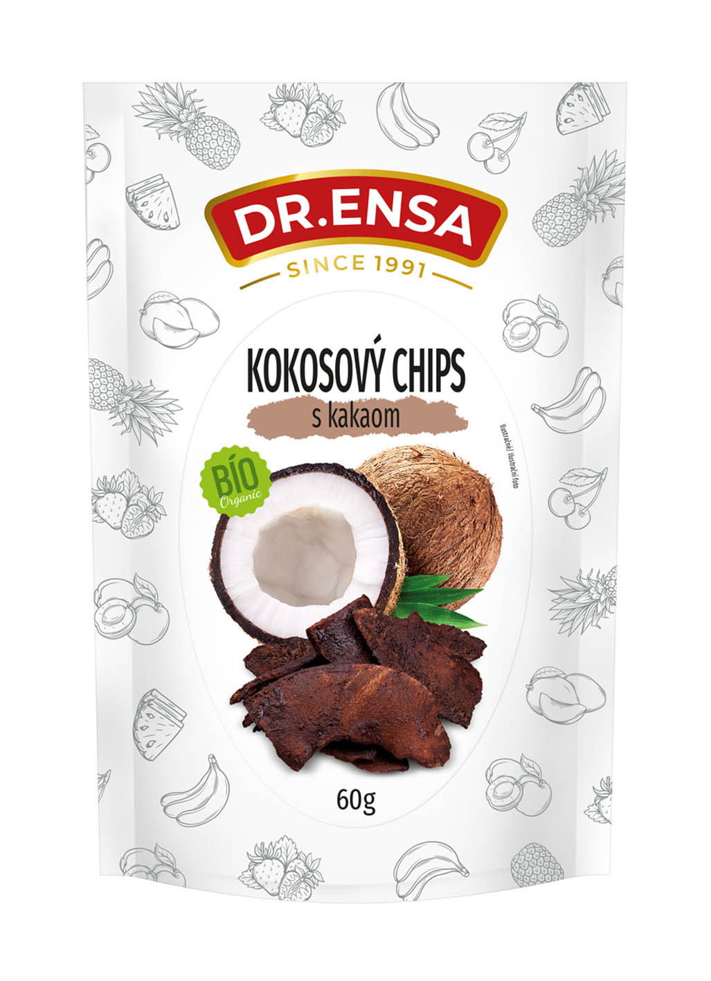 Dr.Ensa Kokosový Chips Kakaem 60g - objednat v minimálním množství: 10 ks